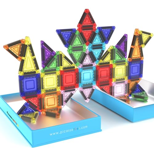 Image of PicassoTiles Nano Magnetic Tiles Travel Set with Storage Tin, Kids Ages 3+ | 39 colorful triangles, 11 squares, lid doubles as a play board, STEM learning, portable screen-free fun, expandable builds