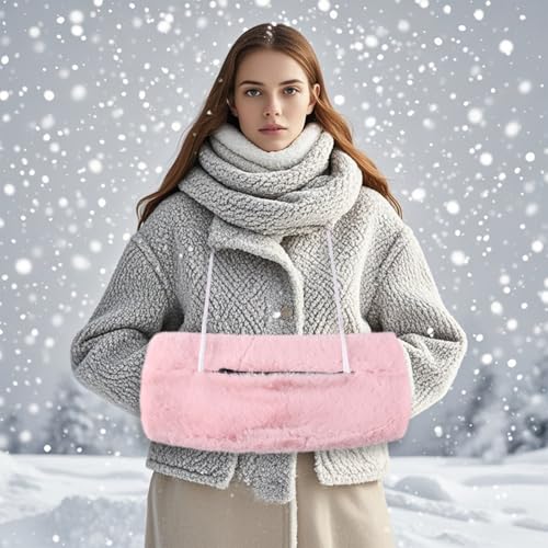 Winmany Faux Fur Hand Muffs Women Winter Soft Plush Hand Warmer Pouch with Outside Pocket for Phone Keys Coins Small Items (Pink, One Size) - Thumbnail 4