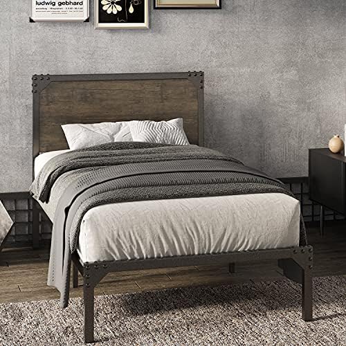 Allewie Twin Size Bed Frame with Wood Headboard, Metal Platform Bed Frame with Storage Under-Bed, Strong Slats and Rivet Decoration, Easy Assembly, No Box Spring Needed, Noise Free, Brown