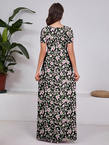 Image of DEARCASE Maxi Dress for Women Short Sleeve Casual Summer Loose Plain Comfy Long Dresses with Pockets