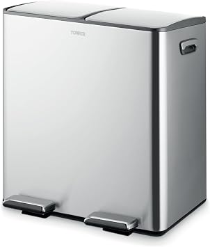Tower Recycling Pedal Bin, Two 20L Compartments with Removable Inner Buckets, Carbon Steel Body, 40L, Stainless Steel