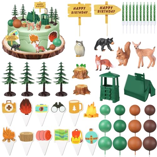 Tallew 35 Pcs Camping Cake Decorations Camping Woodland Animals Campfires