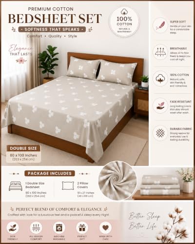 Image of Light Grey Minimal Icon Print Cotton Bedsheet for Double Bed (80 x 100 Inches) | Soft & Breathable Fabric | Fade Resistant | Machine Washable | Premium Printed Bed Sheet