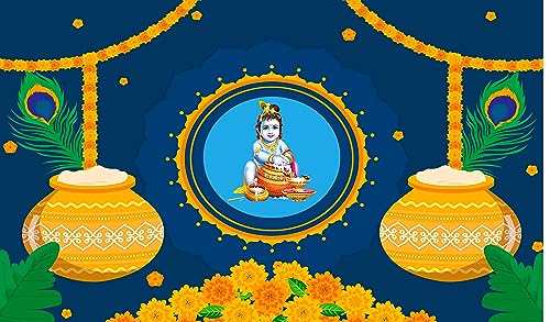 Image of Bal Krishna with Matuki Design Backdrop Curtain for Decoration Pooja Decoration Especially Krishna Janmashtami Traditional Fabric-Polyster Size-5Feet Height and 8Feet Width(5 * 8)