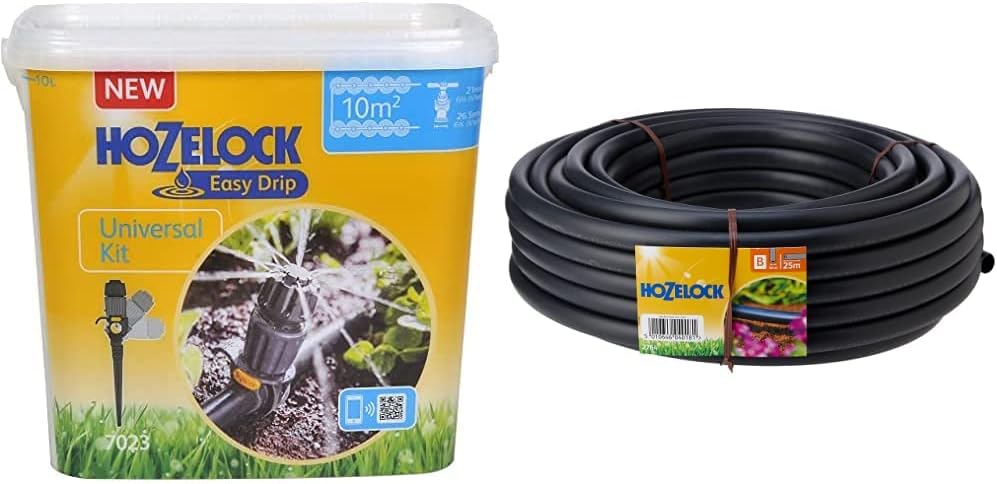 Hozelock Easy Drip Universal Watering Kit for Beds and Borders, Black, 40 x 25 x 15 cm & Hozelock 2764R0000 Supply Hose, 25 m x 13 mm