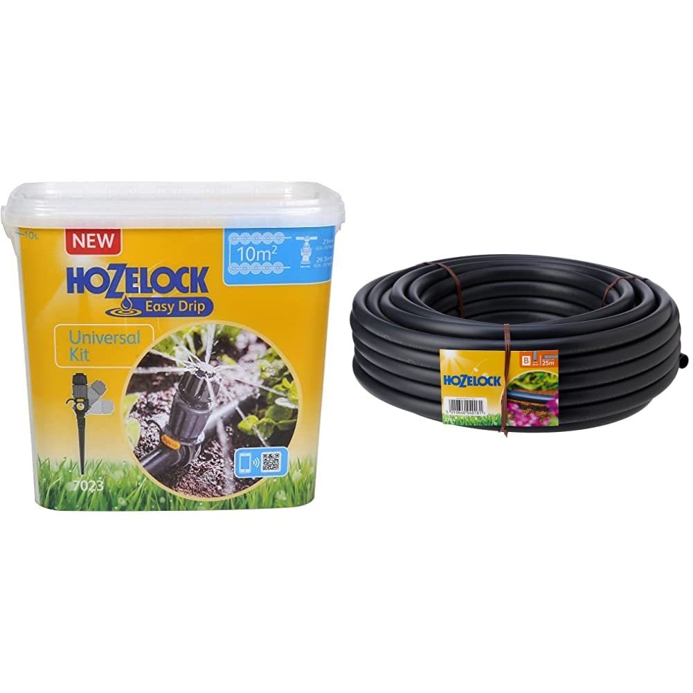Hozelock Easy Drip Universal Watering Kit for Beds and Borders, Black, 40 x 25 x 15 cm & Hozelock 2764R0000 Supply Hose, 25 m x 13 mm