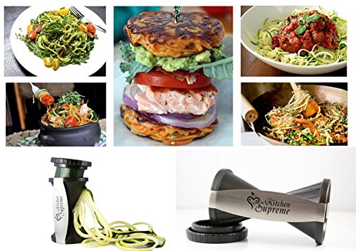 Zucchini Spaghetti Maker Complete Bundle - Best Spiraler Spiralizer with Peeler & Brush - Noddle Zoodler to Spiral Julienne & Fettuccine Pasta Hand Slicer - Low Carb/Keto/Paleo/Gluten Free CookBook