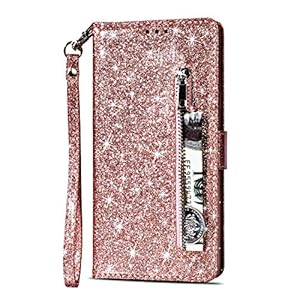 Artfeel Reißverschluss Brieftasche Hülle für Huawei Mate 20 Lite, Bling Glitzer Leder Handyhülle mit Kartenhalter,Flip Magnetverschluss Stand Schutzhülle mit Tasche und Handschlaufe-Roségold