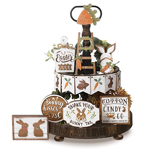 Amyhill 14 Pcs Easter Tiered Tray Decor Set Rustic Bunny Rabbits Carrot Wooden Signs Farmhouse Easter Table Decorative Signs for Home Kitchen Indoor Decor