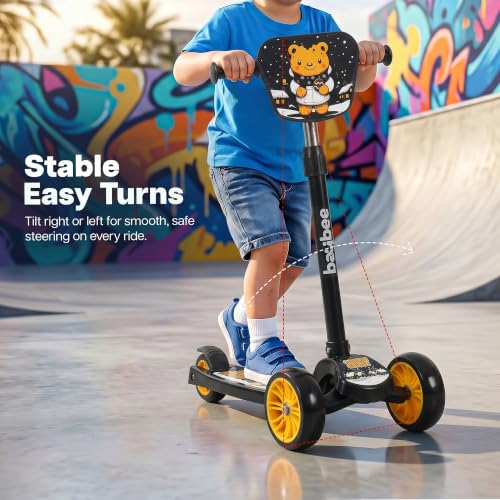 Image of Baybee Trickster Baby Kick Scooter for Kids | Foldable 3 Wheel Kids Scooter with 4 Height Adjustable, Foot Brake | Runner Scooters with Magic Board | Skate Scooter for 2+ Years Boy Girl (Black /Yellow)
