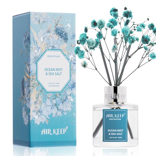 Image of Airkeep Reed Diffuser Set,1.69 fl oz (50 ml) - Ocean Mist&Sea Salt Oil Diffusers with 8 Reed Sticks,Home Fragrance Reed Diffuser for Bathroom Shelf DecorSALT