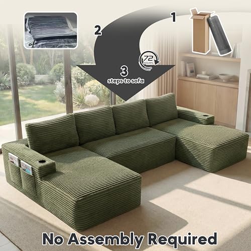 Image of Oversized Cloud Boneless Couch with Chaise, Modern Modular Sofa with Deep Seat, Corduroy Upholstered U Shaped Couch for Living Room, No Assembly Required (Olive Green)