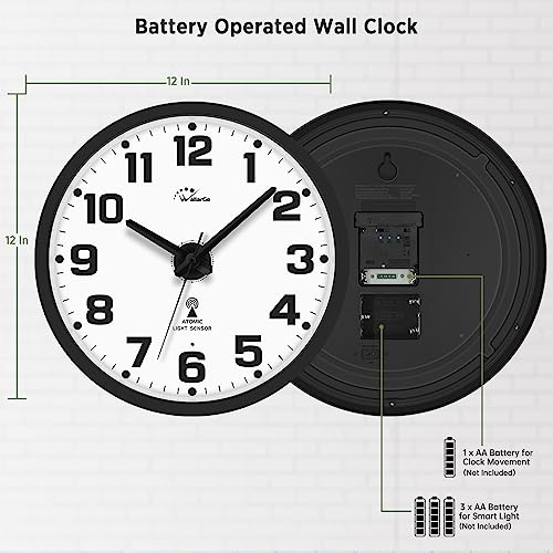 Wallarge Atomic Wall Clock With Light - 12 Inch Silent Wall Clock Battery Operated, Auto Dst #TOP5
