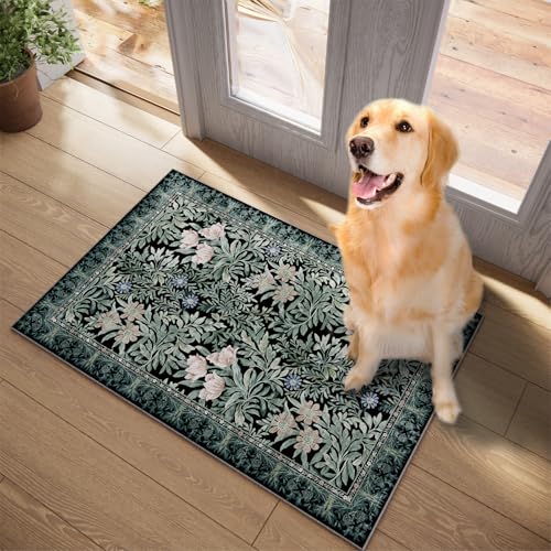 Image of Washable Entryway Area Rugs 2x3 Black Green Vintage Floral Botanical Pattern,Perfect for Soft Door Mat Indoor Entrance, Ultra-Thin Easy Clean Small Throw Carpet for Bedroom Bathroom
