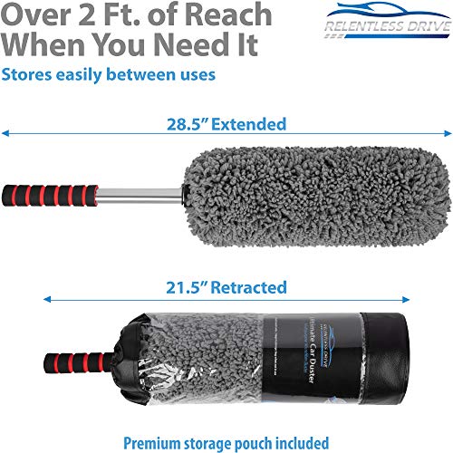 Relentless Drive Car Duster – Microfiber Car Duster Exterior, Long Secure Extendable Handle, Pollen Removing, Lint and Scratch Free, Duster for Car, Truck, SUV, RV and Motorcycle