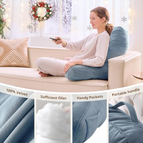 Image of Sasttie Reading Pillow for Bed, Back Pillow for Sitting Up, Greyish Blue | 23 inch Backrest Support Cushion for Couch, Sofa, and Floor, Dorm Essentials, OEKO-TEX, Adjustable Down Alternative Fill