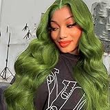 AFBeauty Green Lace Front Wig Body Wave Glueless Lace Wigs Olive Green Long Curly Wavy Pre Plucked Natural Wig Synthetic Heat Resistant Fiber Hair Colorful Wig for Women Daily 24 Inch