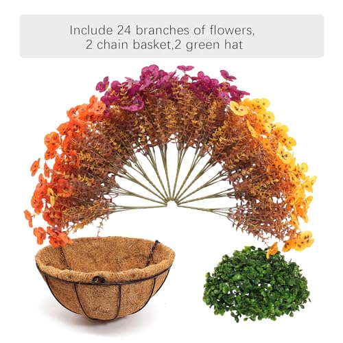 Image of 2 Set Artificial Fall Hanging Flower Baskets for Outdoor Autumn Decor, 2 Fall Hanging Baskets with 24Pcs Silk Fake Mums Plants for Front Porch Garden Patio Balcony Yard Home Decoration