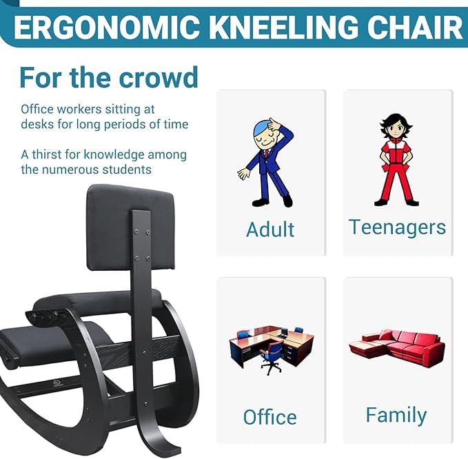 Image of Ergonomic Kneeling Chair with Back Support, Adjustable Height Wooden Knee Chair - Improve Posture with an Angled Seat, with Cushion for Home,Office (Black)