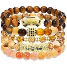 BOMAIL 5PCS Semi-Precious Gemstone Bracelets - Healing Crystal Beaded Bracelet Set for Women Men Natural Stone Beaded Stretch Bracelet Amethyst Tiger Eye Jewelry Present