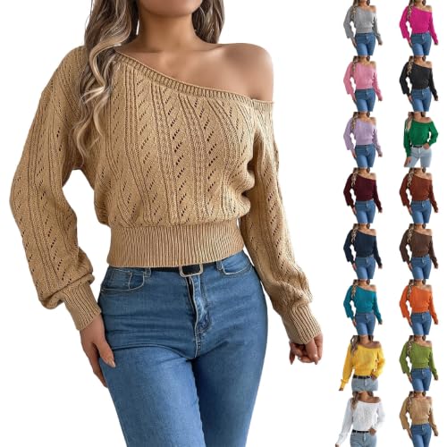 GOSEAGOTOFUN Off The Shoulder Sweater for Women Cropped Crochet Sweater Fall Fashion Knit Pullover Lightweight Going Out Tops 02-Khaki Small - image 1