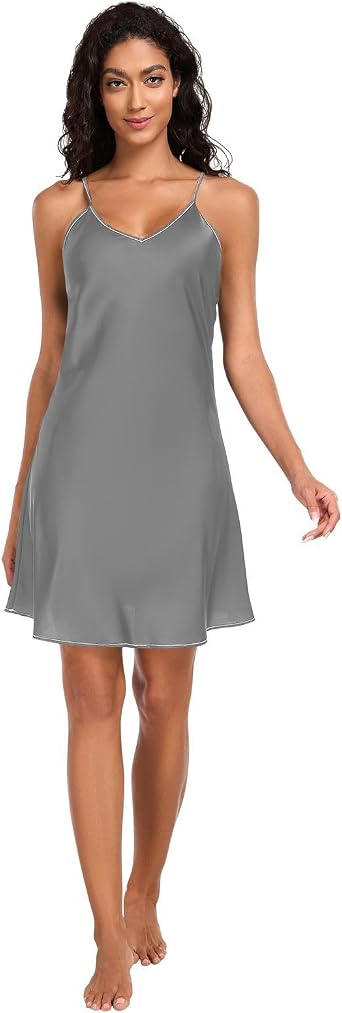 ODAWA Dim Gray Adjustable Spaghetti Strap Night Gown Sleeveless V Neck Mini Dress Womens Nightgown Sleepwear