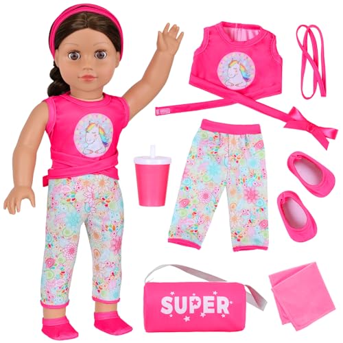 American 18 inch Doll 7-Piece Doll Yoga Outfit Set , Pink Pony Design with Accessories, Sports Bag and Headband (Dolls NOT Included) Yoga Style