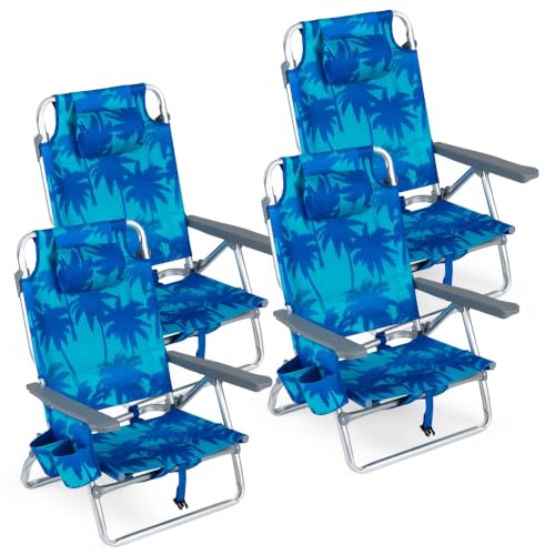 Goplus Beach Chair, 4 Pack Folding Backpack Beach Chairs for Adults w/Adjustable Positions, Head Pillow, Cooler Bag, Towel Bar, Cup Holders, Sunbath Sling Tanning Lounge, Folding Layout Camping Chairs