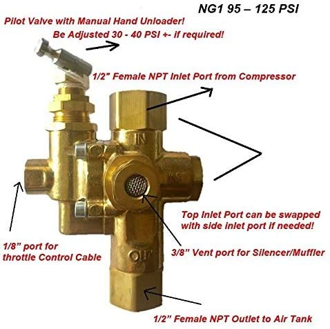 Gas Air Pilot Compressor Unloader Check Valve Combo 95-125 PSI 1/2" Female