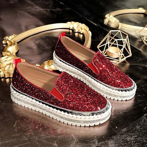 Women Rhinestone Platform Loafers,Cute Glitter Bling Fashion Slip-On Sparkle Bling Sequin Sneakers Summer 2025 Comfort Soft Hiking Flat Shoes for Going Out Walk4