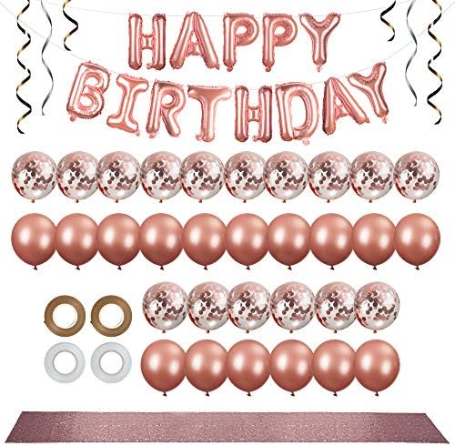 50pc Rose Gold Party Decorations Kit - 12 inch Rose Gold Balloons & Confetti Balloons - Happy Birthday Banner - Rose Gold Table Runner - White & Rose Gold Ribbon - Rose Gold Party Supplies
