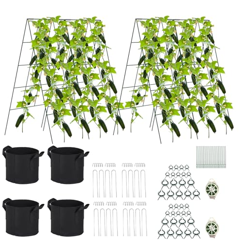 Toriexon Foldable Cucumber Trellis - 4 Pack, A-Frame Garden Trellis 46" L x 18" W, Steel Climbing Plants Support Raised Bed Trellis with Twist Ties & Plant Bags for Climbing Plants Outdoor