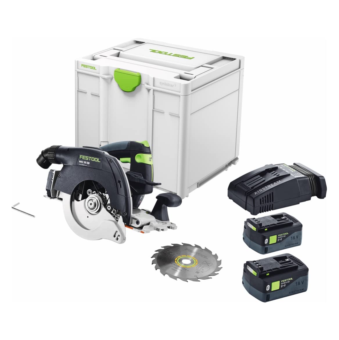 Festool HKC 55 Sierra Circular a Bateria 18 V, 5,0 Ah, SCA | Motor EC-TEC sin escobillas, Bluetooth, corte hasta 55 mm a 0°, incluye 2 baterias, cargador SCA 16 y Systainer
