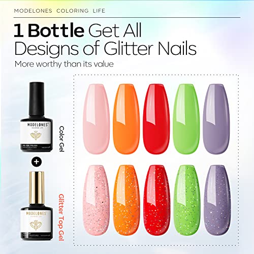 Modelones Glitter Gel Top Coat, Iridescent Silver Mix Glitter Gel Polish No Wipe Top Coat Glossy Sparkly Finish Long Lasting Soak Off Rainbow Shimmer Glitter Gel Nail Polish Nail Art Manicure, 10Ml #TOP5
