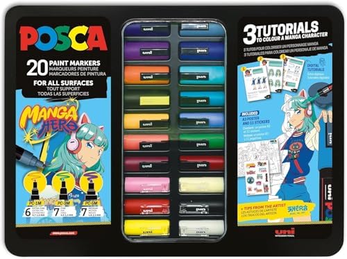 POSCA Juego de 20 lápices acrílicos de manga hero, soporte múltip...