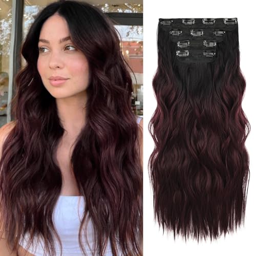 REECHO 4PCS Clip-In Hair Extensions, Dark Burgundy