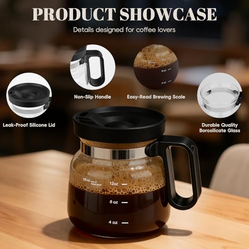 16 Oz Glass Coffee Pot Mug with Spill Proof Lid, Heatproof Clear Cup for Travel & Office, Gift for Coffee Lovers (1 Pack) - Image 5