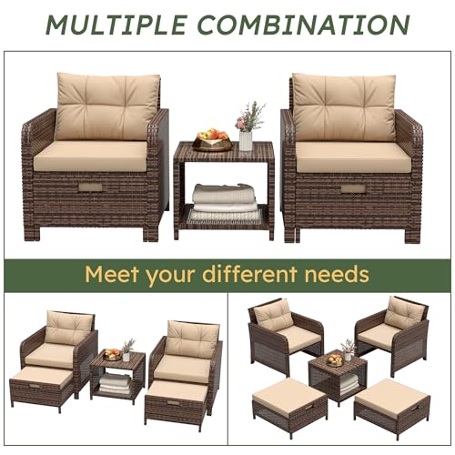 LHBcraft Outdoor Furniture 5 Piece Patio Conversation Set, PE Rattan Patio Set with Soft Cushions & Coffee Table, Outside Furniture with Hidden Ottoman for Porch, Lawn, Garden, Balcony, Brown
