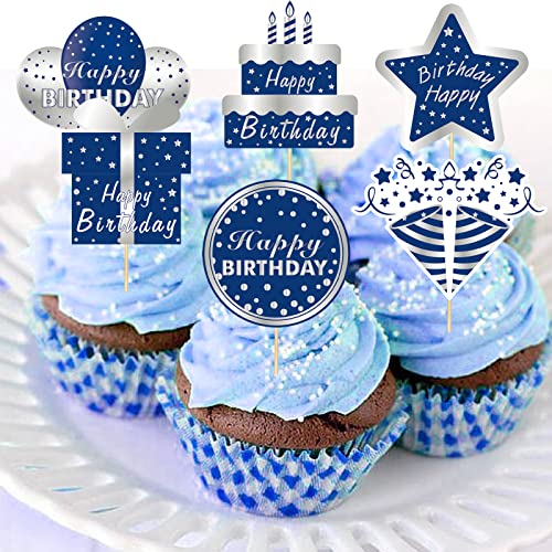 36Pcs Happy Birthday Cake Toppers Decorations for Men Boys, Blue Silver Cupcake Topper Decor for 10th 13th 16th 18th 21st 30th 40th 50th 60th Birthday Party Supplies by Kauayurk - Image 5