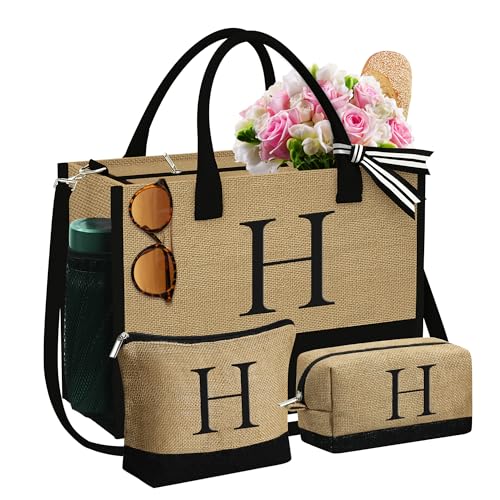 Initial Jute Tote Bag & 2 Makeup Bags for Women