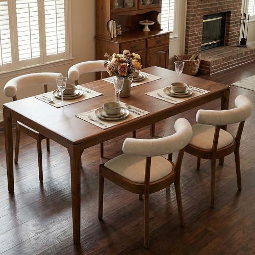 DM Furniture Dining Chairs Set of 4, Mid Century Modern Linen Upholstered Kitchen Chairs Side Chairs for Restaurant Hotel, Natural Walnut Wood Frame, Curved Back, Beige