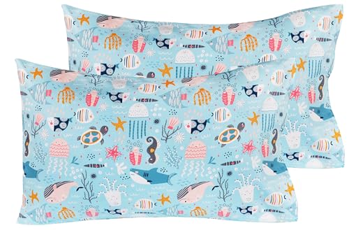 J-pinno Blue Underwater Animals Sea Fishes Turtle Shark Dolphin Cute Cartoon 2 Pcs Standard Pillowcase 100% Natural Cotton 20