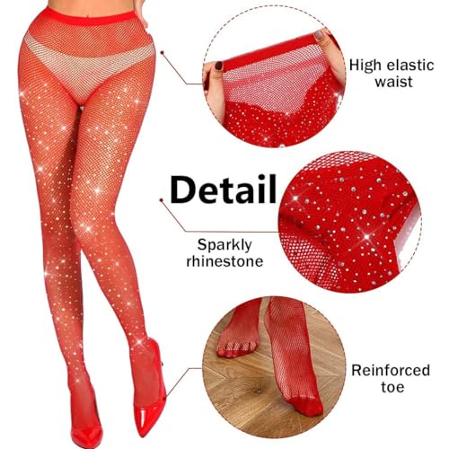 Image of Glitter Rhinestone Fishnet Stockings for Women Black Mesh Sparkly Tights High Waist Leggings Pantyhose Rave Outfit