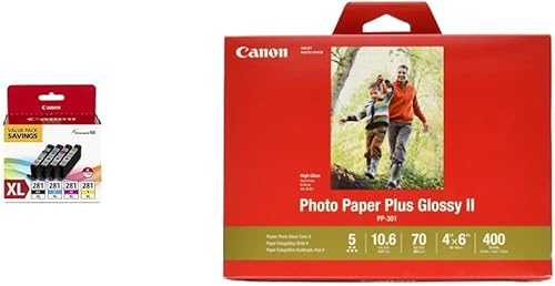Canon CLI-281 XL Paquete de 4 tintas y papel fotográfico de tinta Plus Glossy II de 4 x 6 pulgadas, 400 hojas