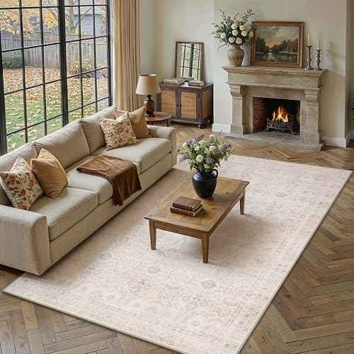6x9 Washable Neutral Area Rug Living Room Beige Floral Non Slip Low Pile Throw Rug Modern Traditional Stain Resistant Carpet Bedroom Kitchen Dining Ro