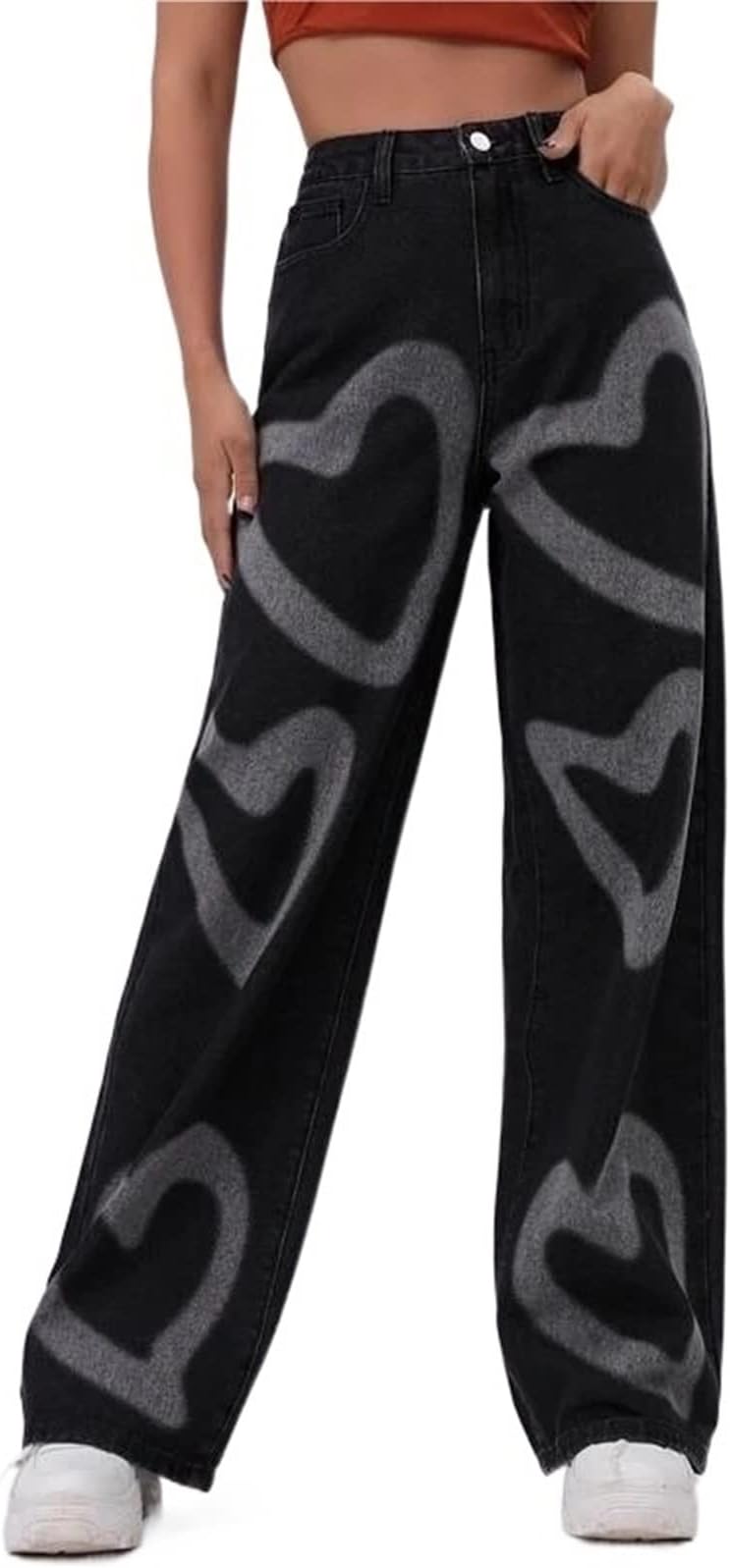 Ladies Trousers Trousers Medium Wash High Waist Heart Print Wide Leg Jeans