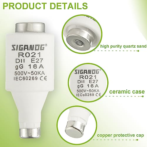 SIGANDG 16A DII E27 R021 Spiral-Keramik-Sicherungen gG Diazed Sicherungseinsätze 500VAC für Kabel- und Leitungsschutz (10er Pack)