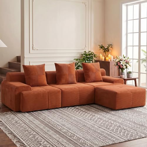 SENYUN 118 Sectional Boneless Oversize Modular Couches Curved Cloud Sectional Sofa for Living Room Corduroy L Shape Deep Seat Sofa with Ottoman No Assembly Required Terracotta Orange