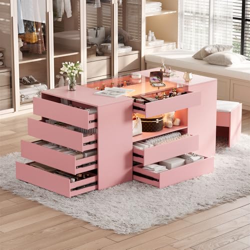 nuyooioo Luxury Island with Chairs&Drawers Glass Top&LED,Walk in Islands with
