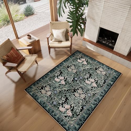 Image of Washable Area Rugs 4x6 Black Green Vintage Floral Botanical Pattern,Perfect for Living Room, Bedroom, Kids Room, Nursery - Stain & Water Resistant Non-Slip, Pet & Child Friendly /Bedroom Decor